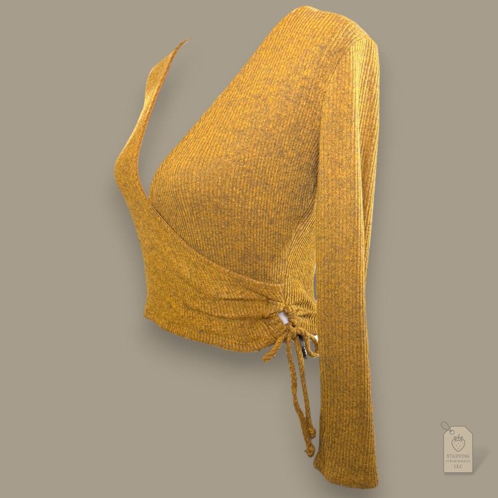 Mustard Ribbed Wrap Sweater Juniors' M | Deep V-Neck Side Tie - Picture 2 of 5